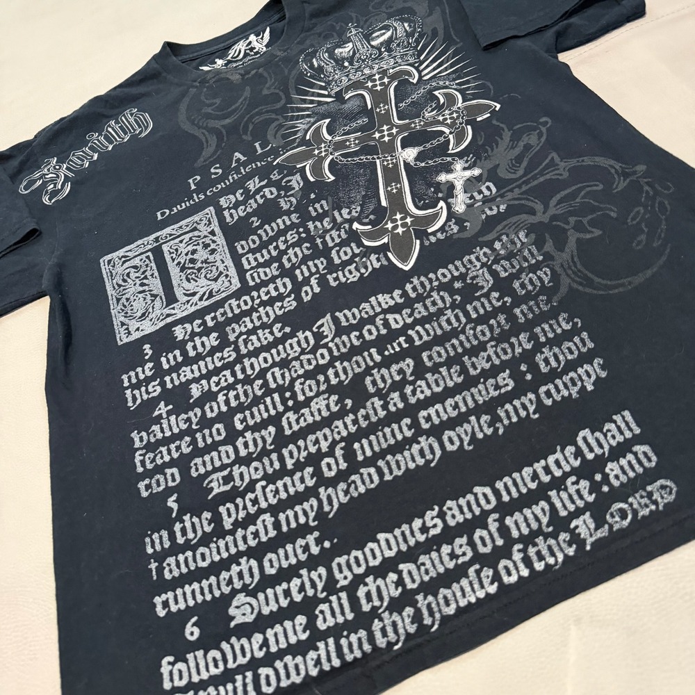 VTG Y2K Mens Cross Angel Wing Skate Emo Bible T-Shirt Black Double AOP-M-6753 - Picture 4 of 8